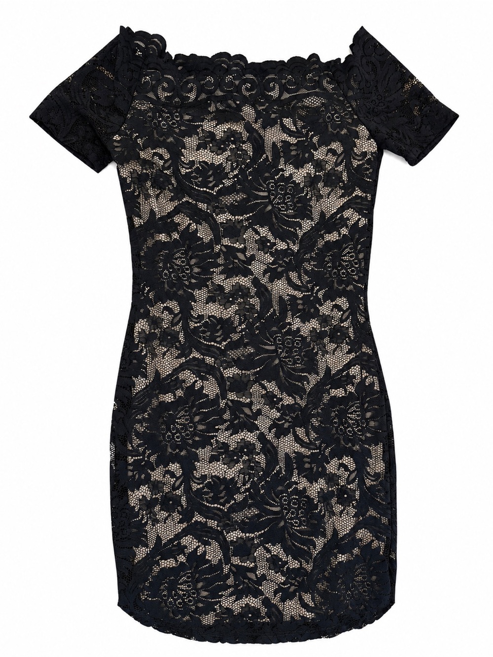 Lovely Day Black Lace Off-Shoulder Mini Dress with Nude Underlay